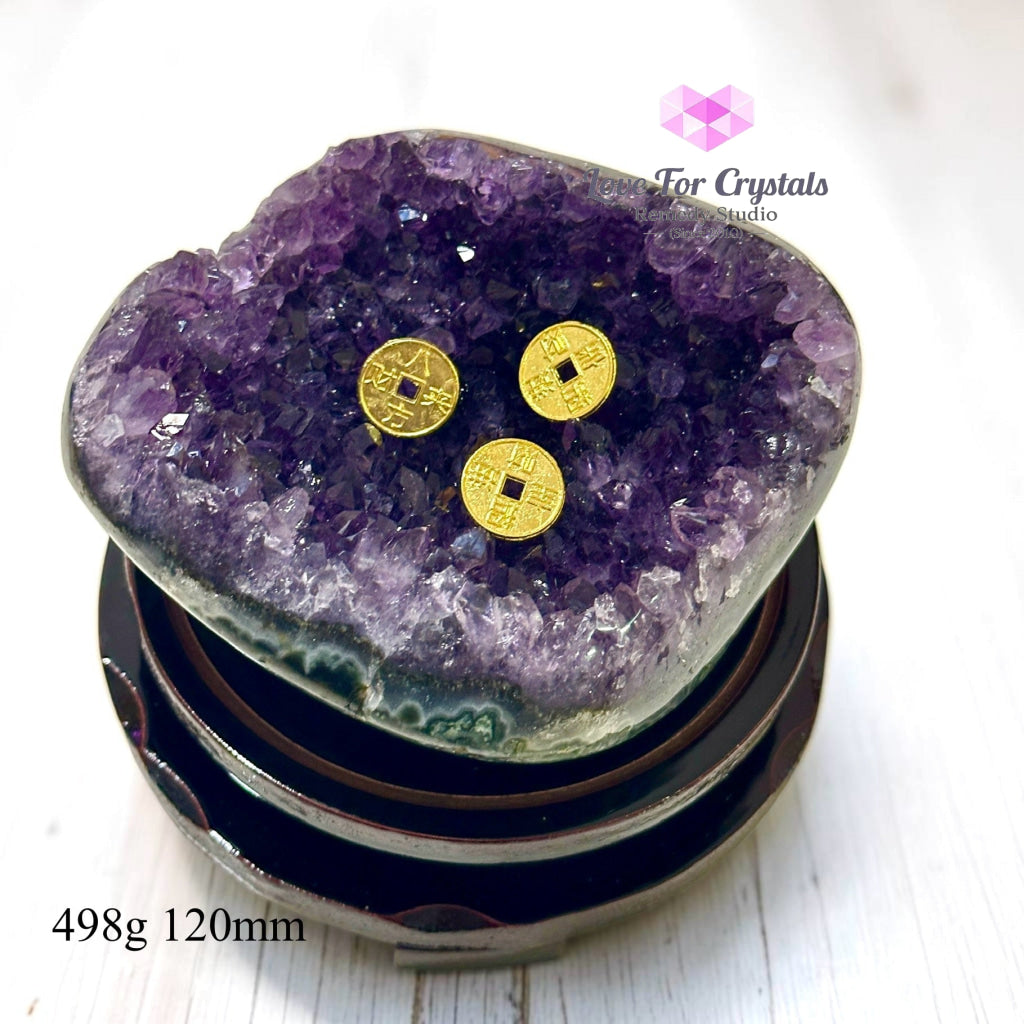 Money Catcher Amethyst on Agate with Rotating Wooden Base (Premium) Brazil - 498g 120mm - Amethyst