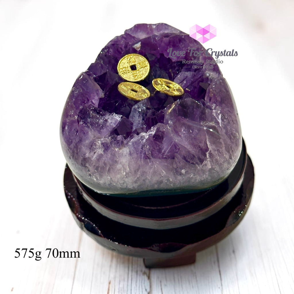 Money Catcher Amethyst on Agate with Rotating Wooden Base (Premium) Brazil - 575g 70mm - Amethyst