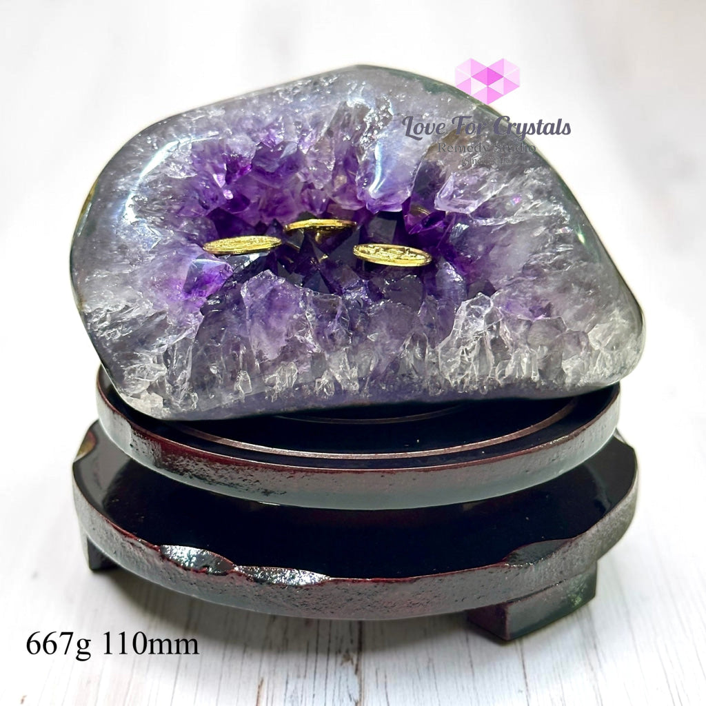 Money Catcher Amethyst on Agate with Rotating Wooden Base (Premium) Brazil - 667g 110mm - Amethyst
