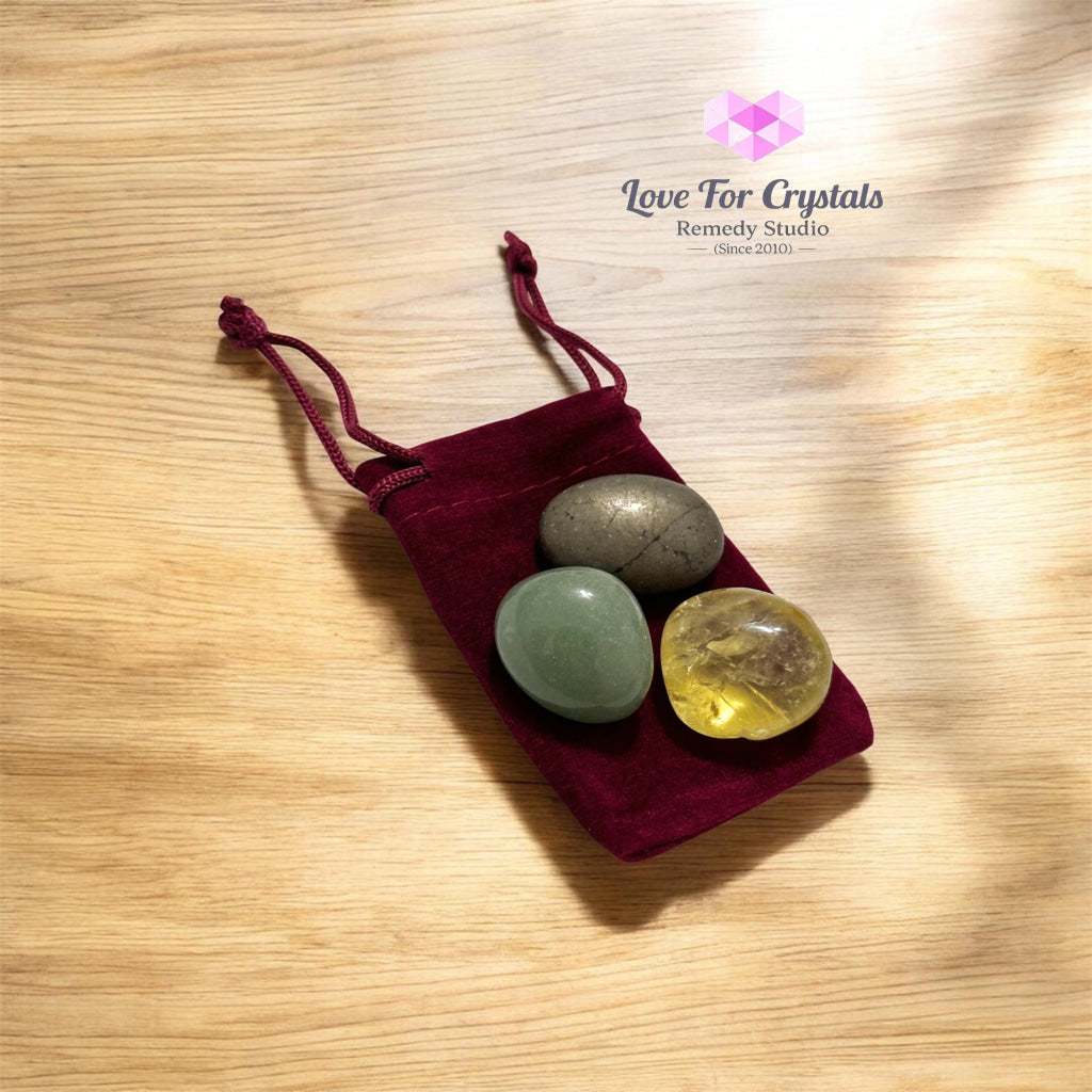 Money Growth Pocket Set (Citrine Green Aventurine Pyrite) Encoded & Activated Random Trio Set (15-25mm) Pocket stone