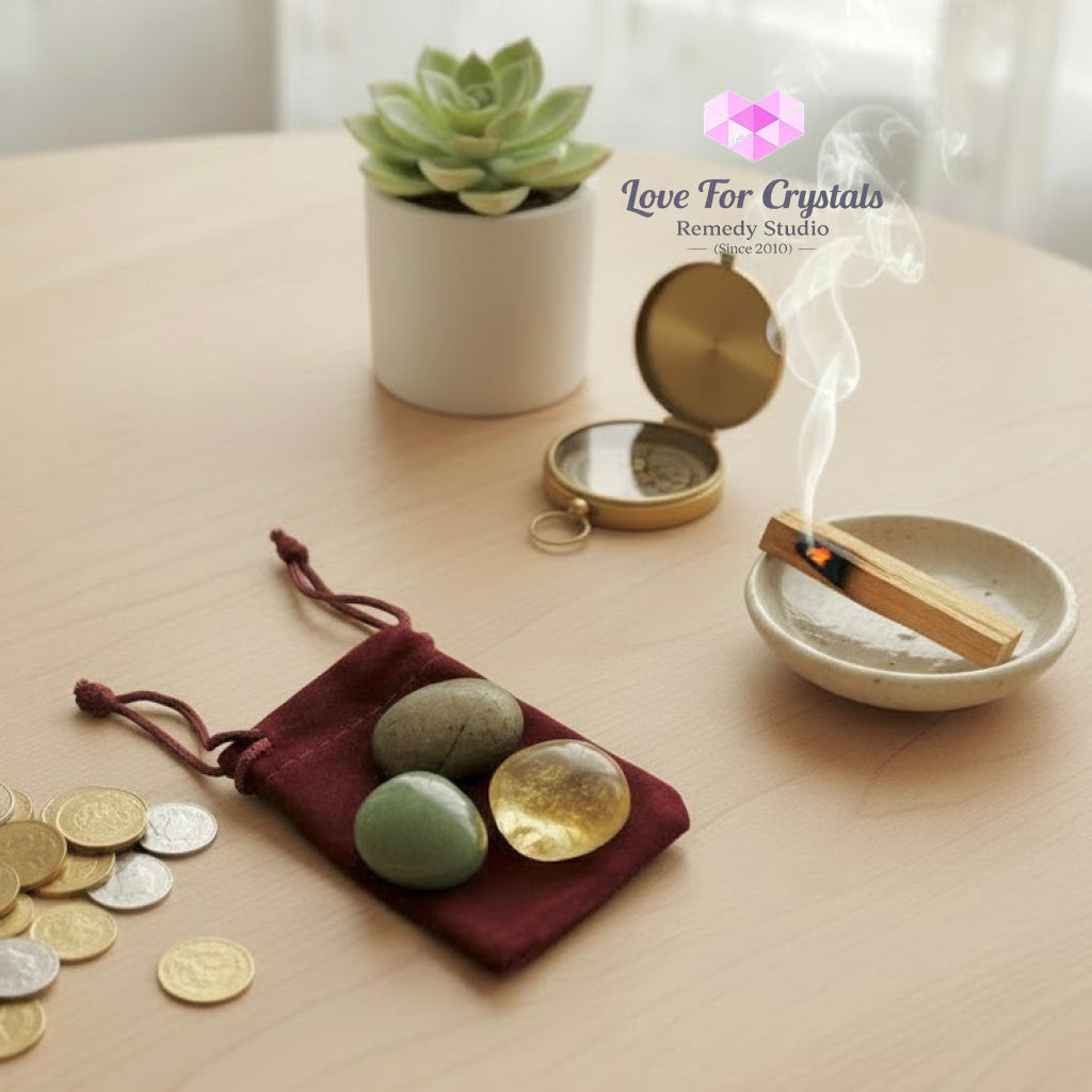 Money Growth Pocket Set (Citrine Green Aventurine Pyrite) Encoded & Activated Random Trio Set (15-25mm) Pocket stone