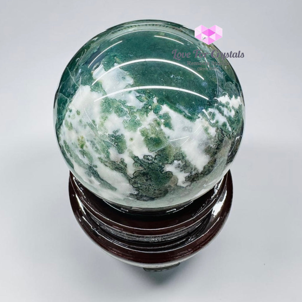 Moss Agate Large Sphere with wooden base (1.86kgs) - 1.86kgs - Moss agate