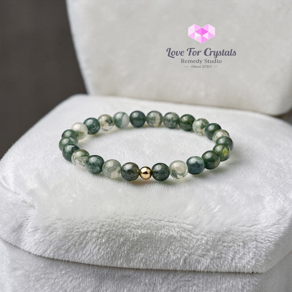 Moss Agate Steady Growth 6mm Bracelet with 14k gold filled bead Bracelets & Bangles