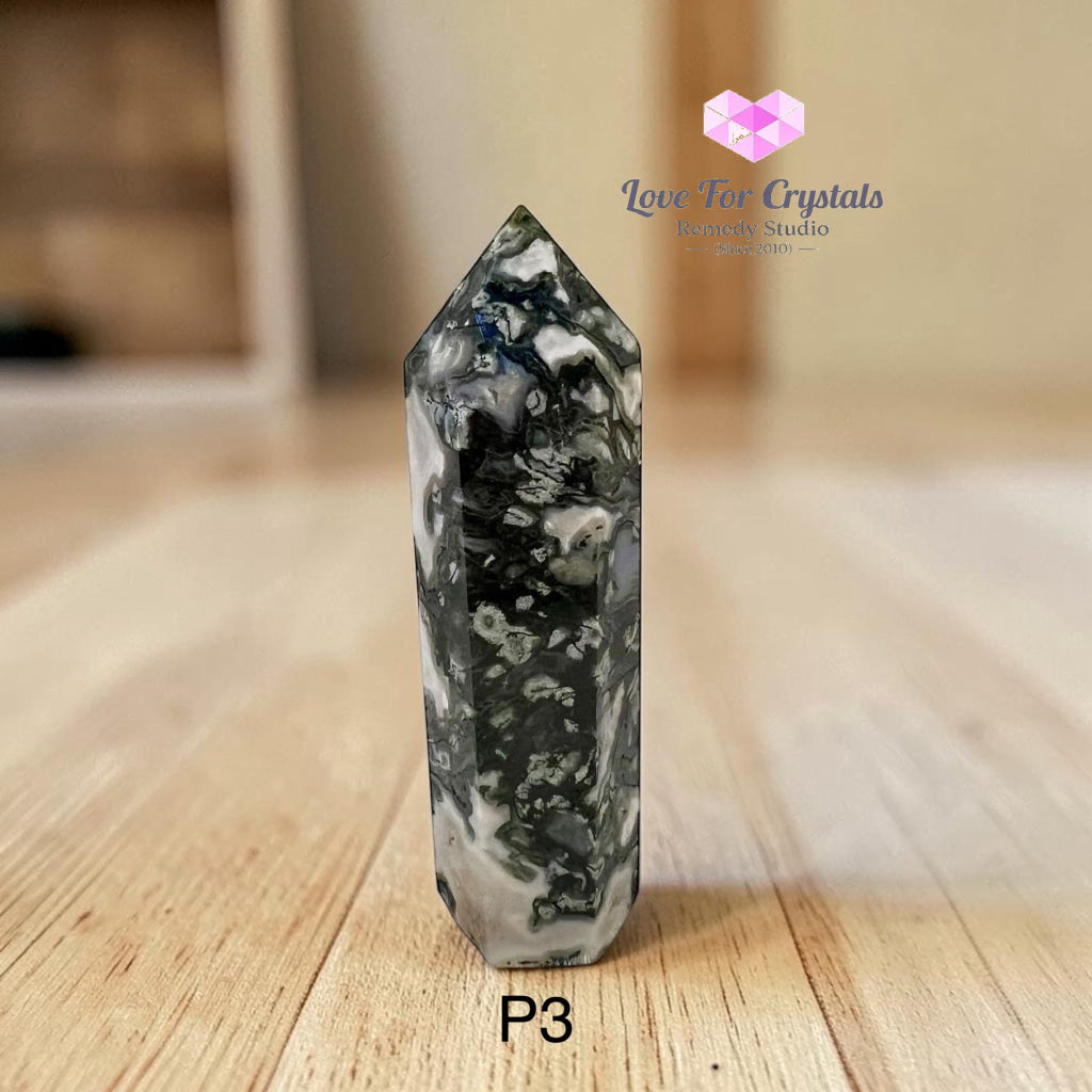 Moss Agate Tower Pointer (Encoded & Activated) - P3- 82g 90mm - Crystal point