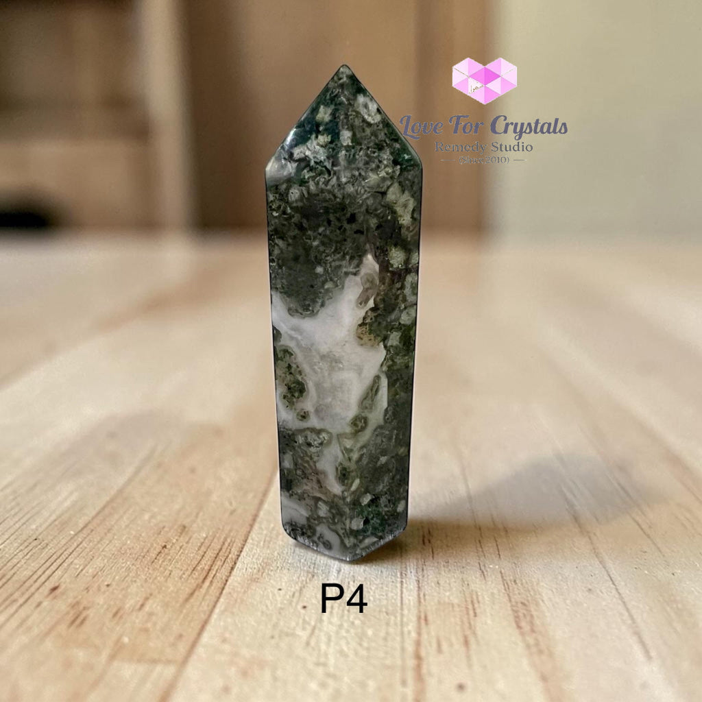 Moss Agate Tower Pointer (Encoded & Activated) - P4- 86g 85mm - Crystal point