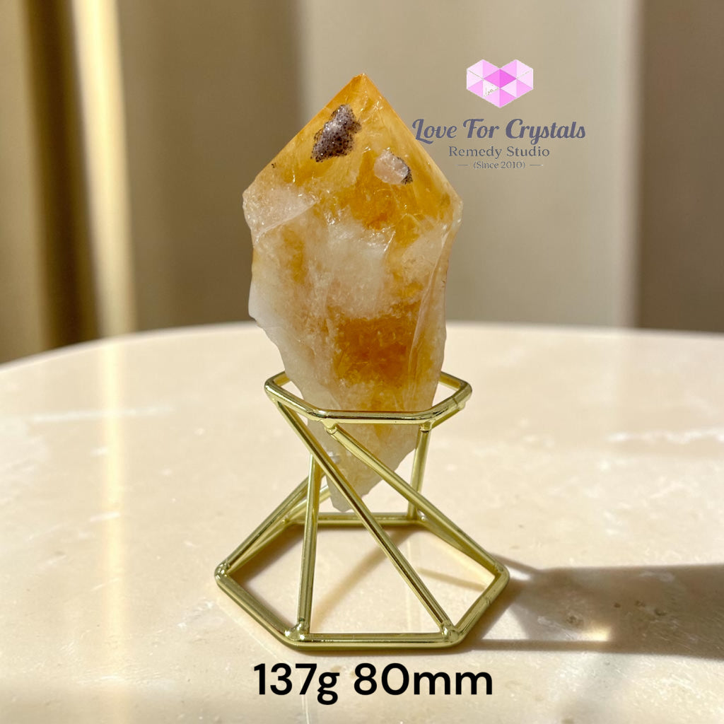 Natural Citrine with Calcite & Pyrite Growth on Gold Stand (TRIPLE PROSPERITY) - Citrine