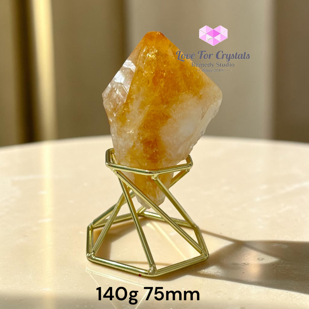 Natural Citrine with Calcite & Pyrite Growth on Gold Stand (TRIPLE PROSPERITY) - Citrine