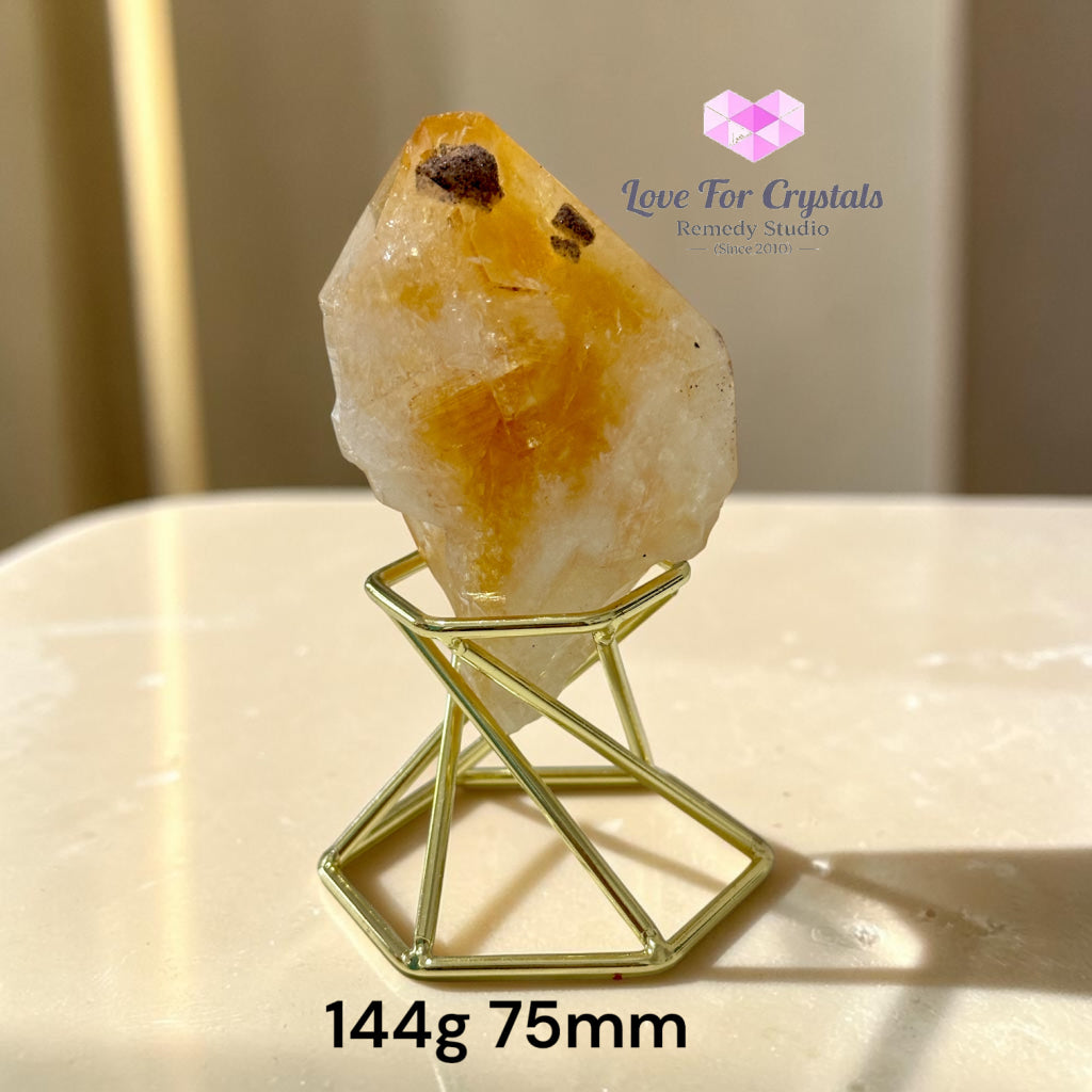Natural Citrine with Calcite & Pyrite Growth on Gold Stand (TRIPLE PROSPERITY) - Citrine