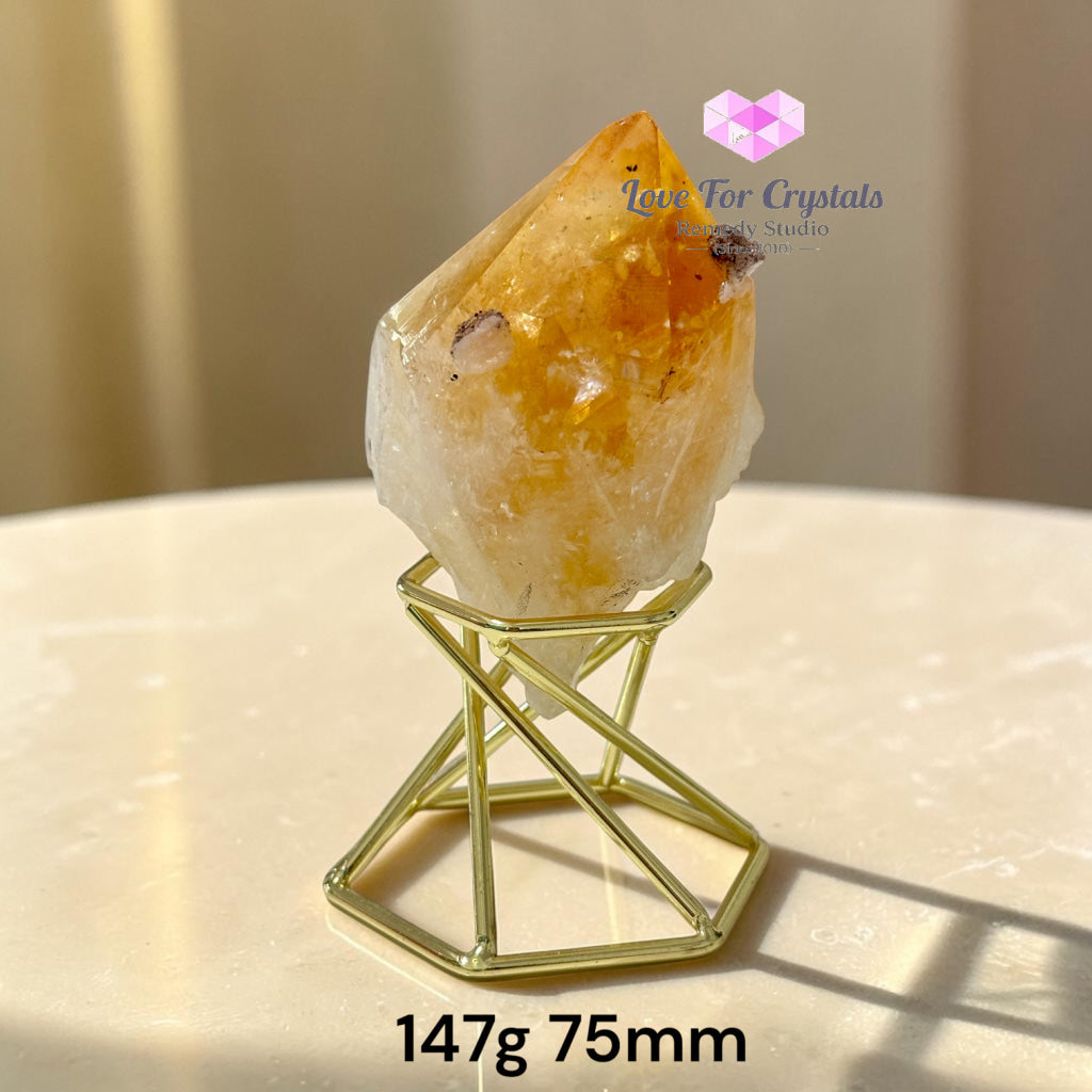 Natural Citrine with Calcite & Pyrite Growth on Gold Stand (TRIPLE PROSPERITY) - Citrine