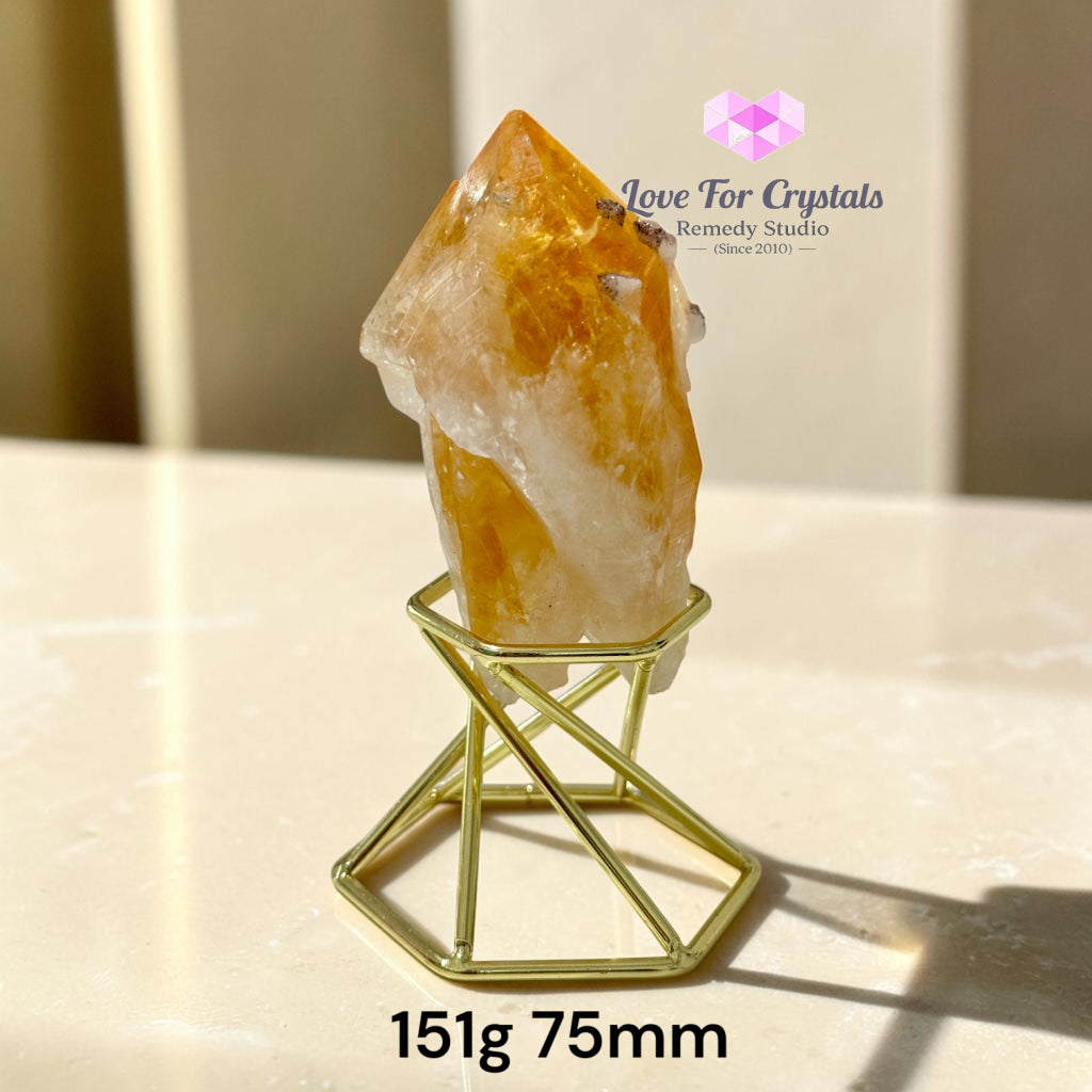 Natural Citrine with Calcite & Pyrite Growth on Gold Stand (TRIPLE PROSPERITY) - Citrine