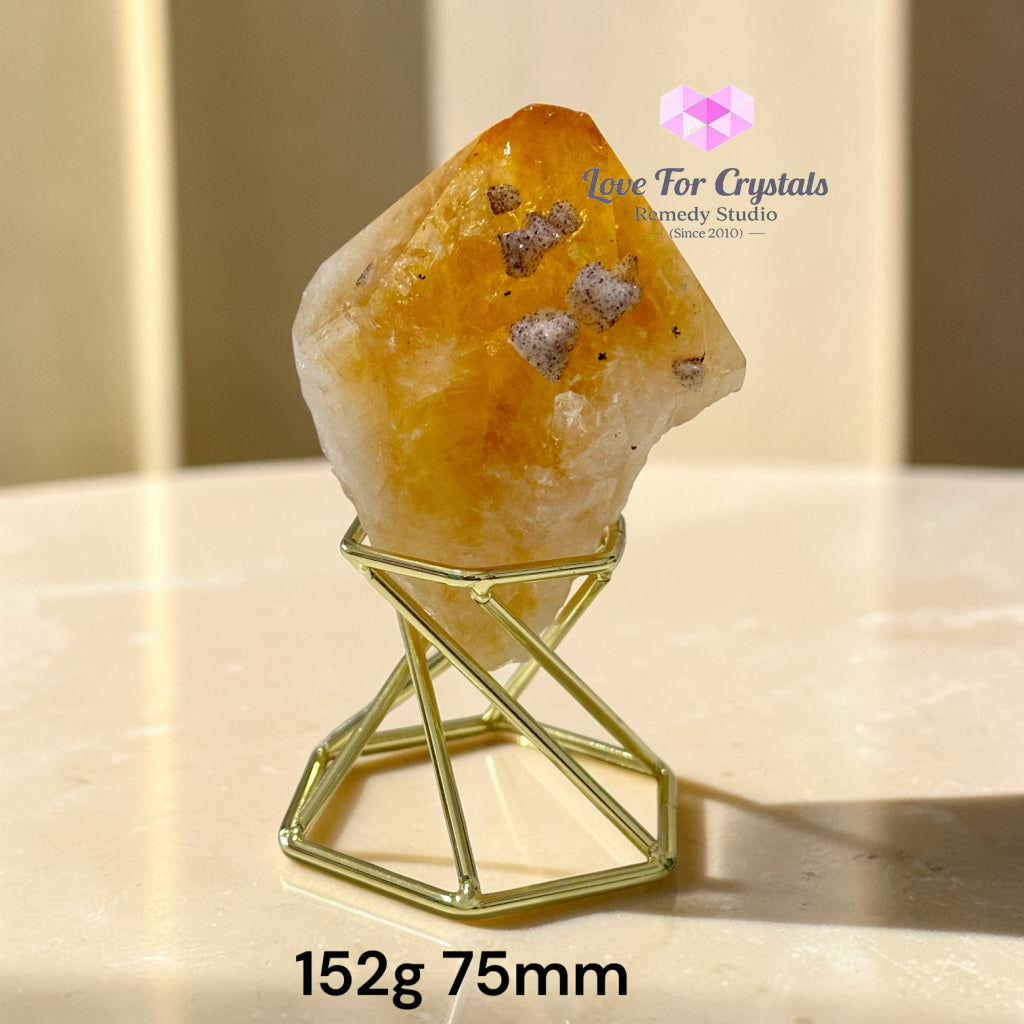 Natural Citrine with Calcite & Pyrite Growth on Gold Stand (TRIPLE PROSPERITY) - Citrine