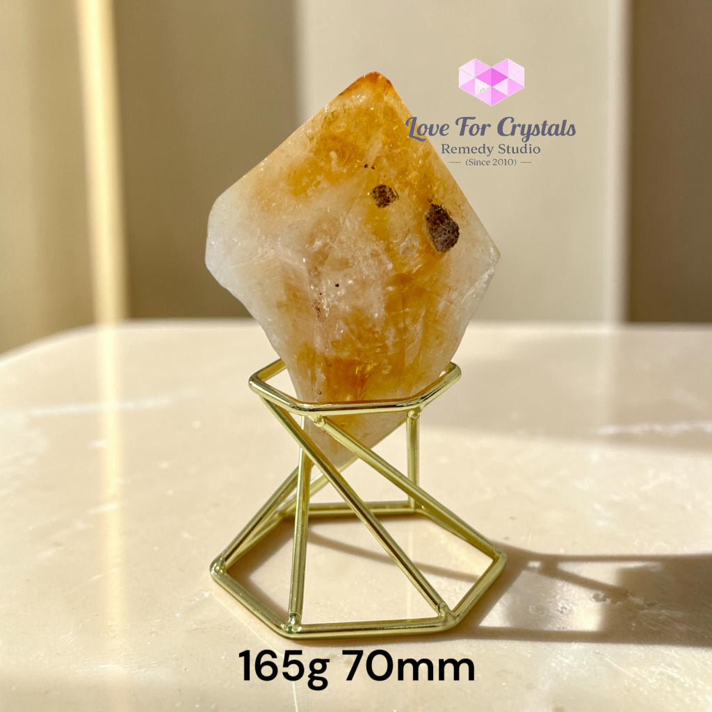 Natural Citrine with Calcite & Pyrite Growth on Gold Stand (TRIPLE PROSPERITY) - Citrine