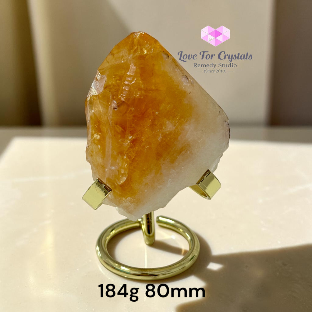 Natural Citrine with Calcite & Pyrite Growth on Gold Stand (TRIPLE PROSPERITY) - Citrine