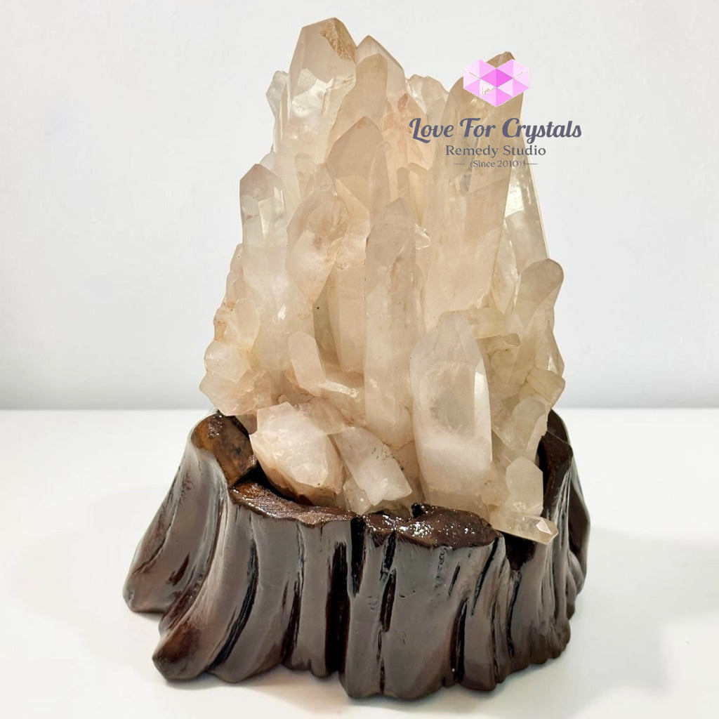 Natural Madagascar Quartz Cluster on Wooden Base AAA - 28x18x13cm - Cluster quartz