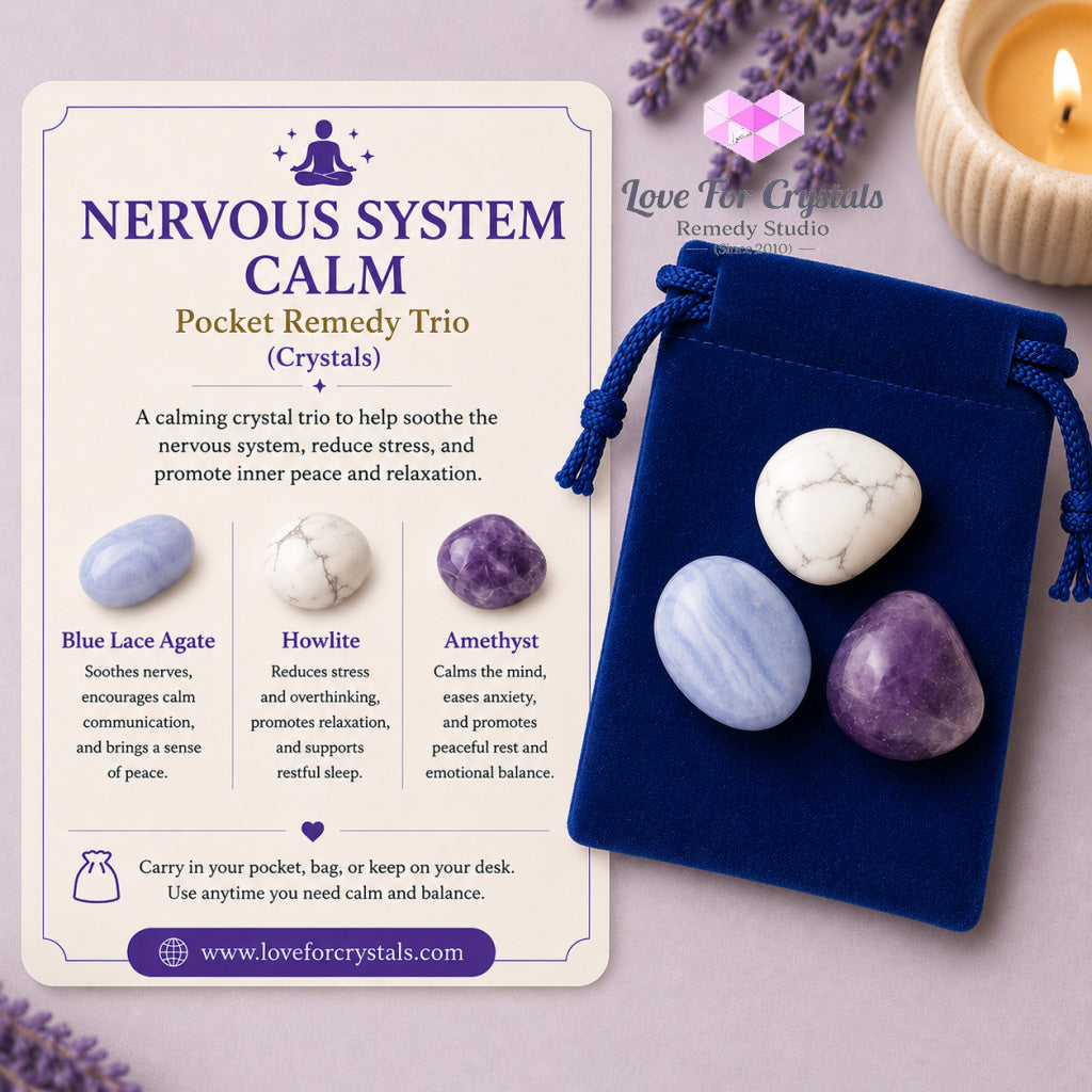 NERVOUS SYSTEM CALM Pocket Remedy Crystal Trio Set (Howlite Blue Lace Agate Amethyst) 15-25mm - Set of 3 Stones