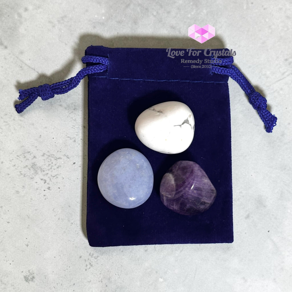 NERVOUS SYSTEM CALM Pocket Remedy Crystal Trio Set (Howlite Blue Lace Agate Amethyst) 15-25mm - Set of 3 Stones