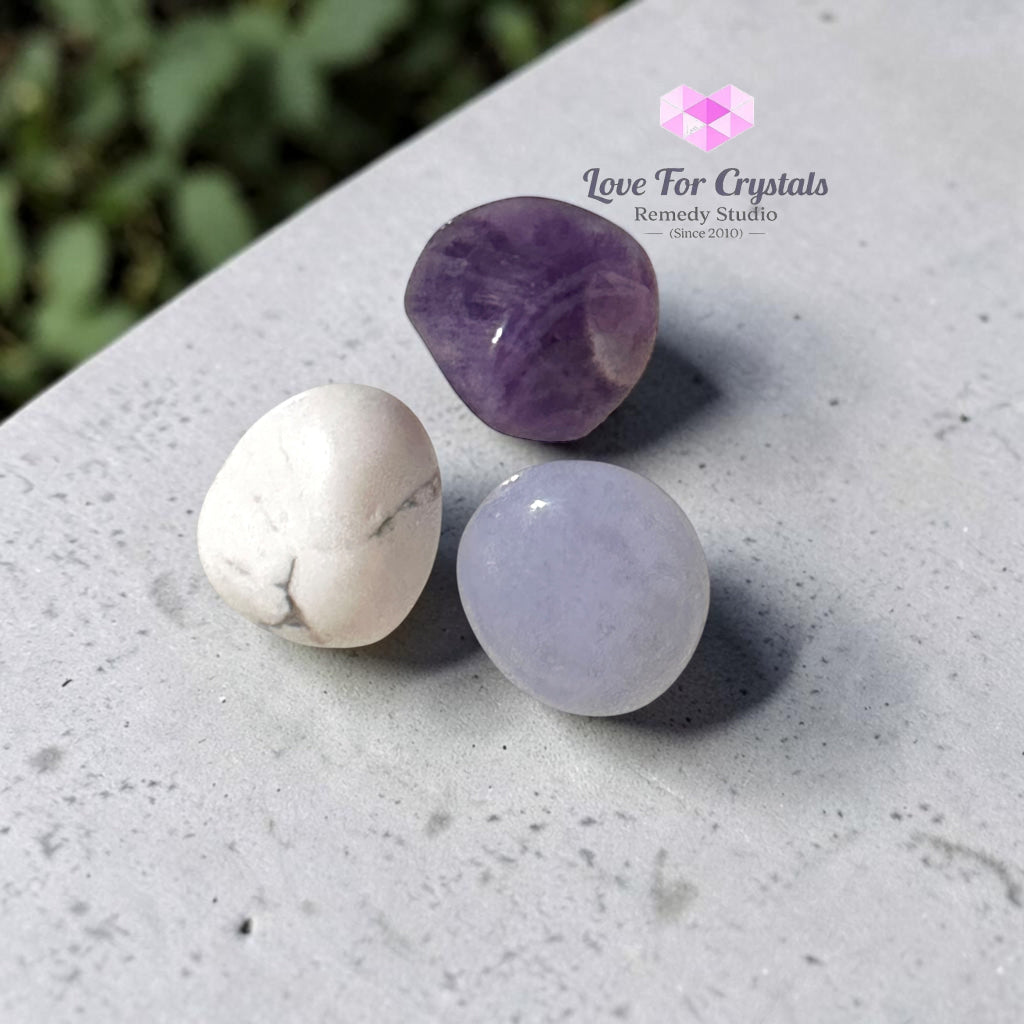 NERVOUS SYSTEM CALM Pocket Remedy Crystal Trio Set (Howlite Blue Lace Agate Amethyst) 15-25mm - Set of 3 Stones