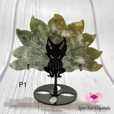 Nine-Tailed Fox Crystal Carving With Stand 11Cm Photo 1-Moss Agate
