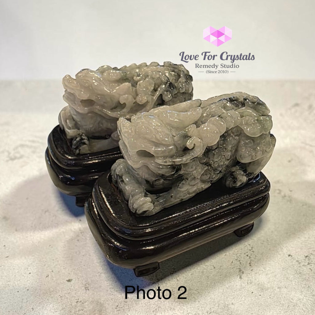 Pair of Burma Jadeite Green & Gray Pixiu on Wooden Stands – 80mm (Type A) - Jade