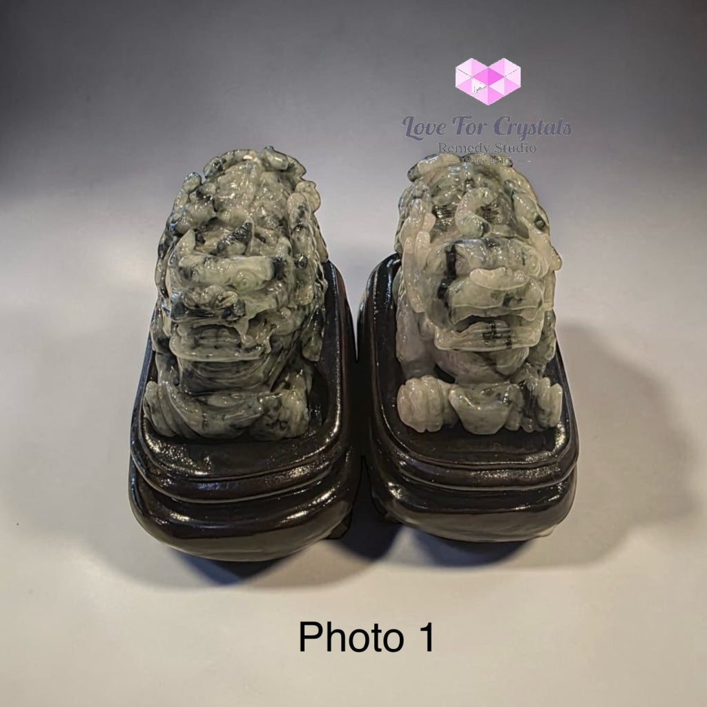 Pair of Burma Jadeite Green & Gray Pixiu on Wooden Stands – 80mm (Type A) - Jade