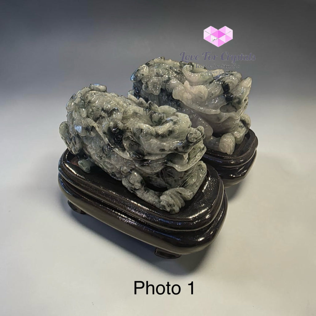 Pair of Burma Jadeite Green & Gray Pixiu on Wooden Stands – 80mm (Type A) - Jade