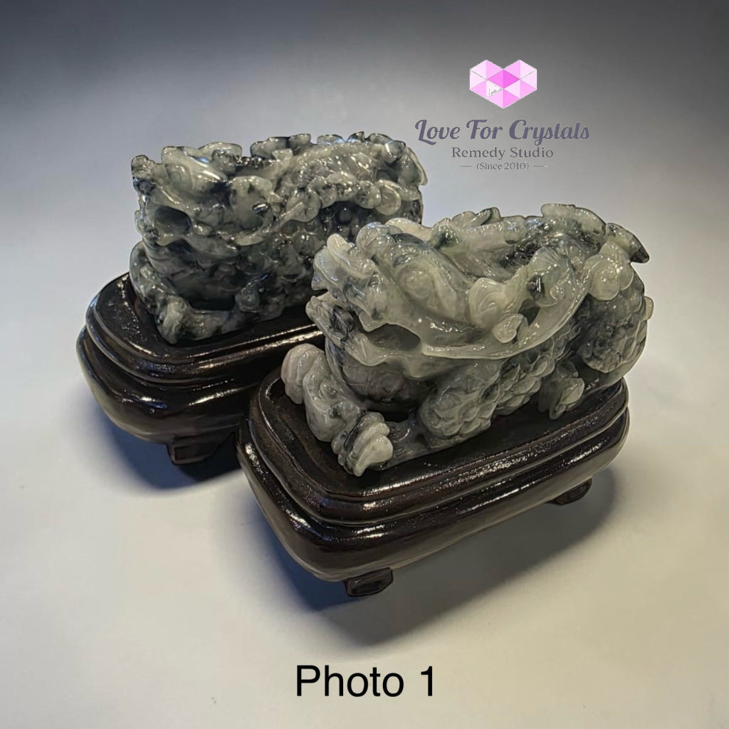 Pair of Burma Jadeite Green & Gray Pixiu on Wooden Stands – 80mm (Type A) - Photo 1 - Jade
