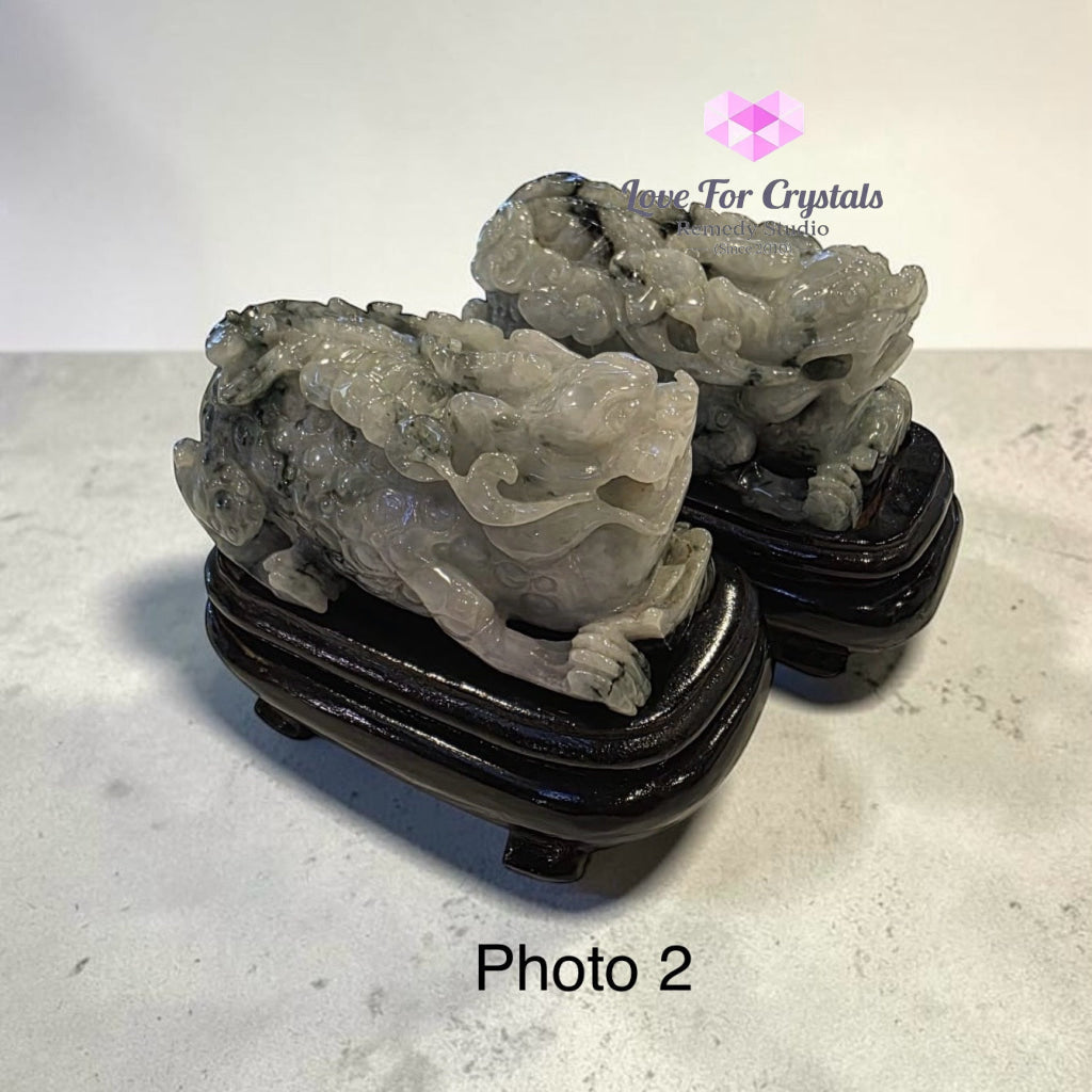 Pair of Burma Jadeite Green & Gray Pixiu on Wooden Stands – 80mm (Type A) - Photo 2 - Jade