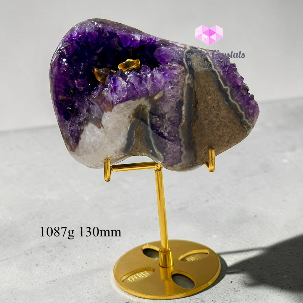 Premium Amethyst Cluster on Agate with Metal Stand (Success & Wealth) 1087g 130mm - 1087g 130mm - Amethyst