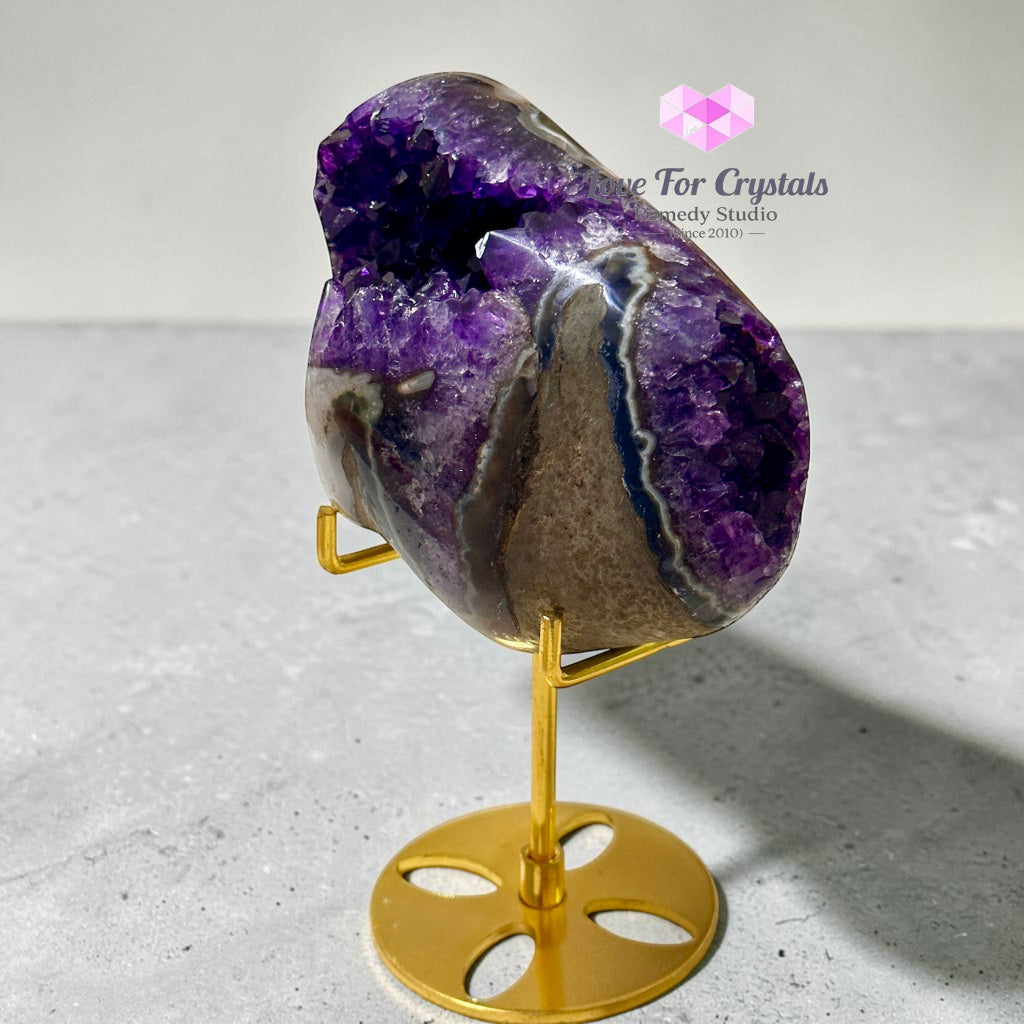 Premium Amethyst Cluster on Agate with Metal Stand (Success & Wealth) 1087g 130mm - 1087g 130mm - Amethyst