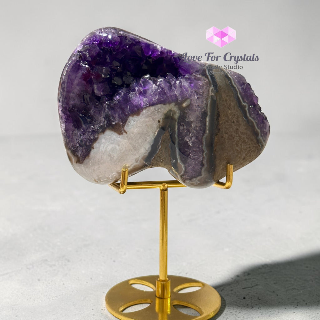 Premium Amethyst Cluster on Agate with Metal Stand (Success & Wealth) 1087g 130mm - 1087g 130mm - Amethyst