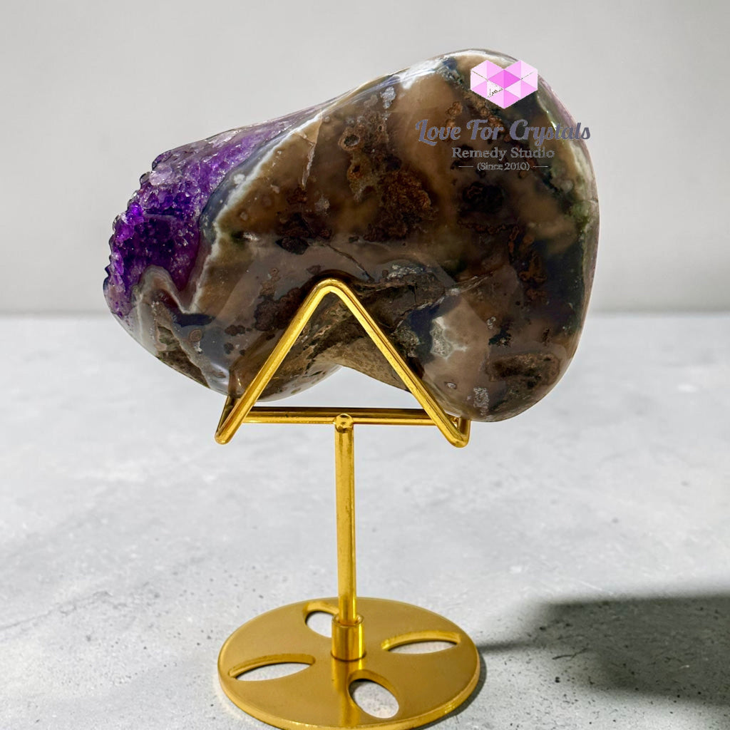 Premium Amethyst Cluster on Agate with Metal Stand (Success & Wealth) 1087g 130mm - 1087g 130mm - Amethyst