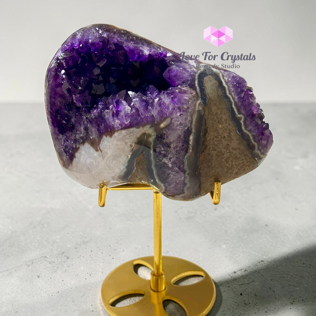 Premium Amethyst Cluster on Agate with Metal Stand (Success & Wealth) 1087g 130mm - 1087g 130mm - Amethyst