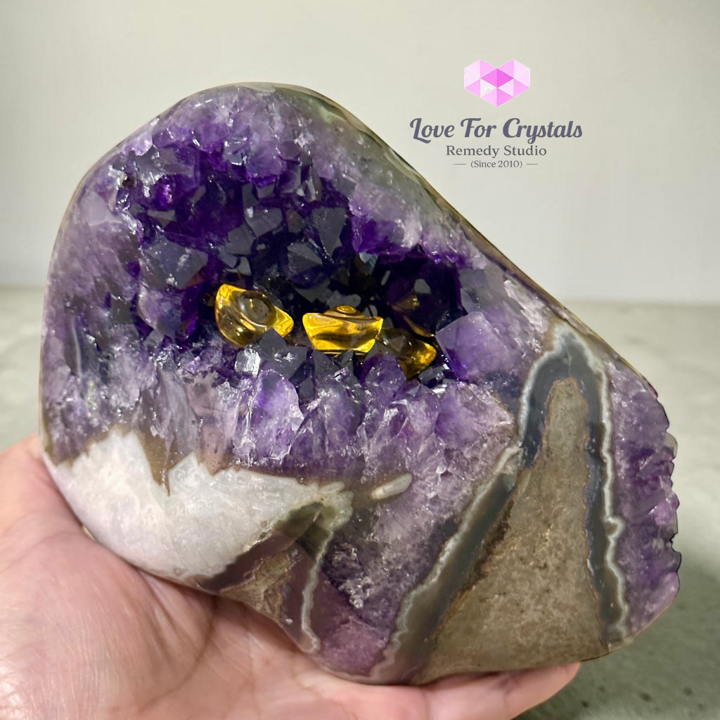 Premium Amethyst Cluster on Agate with Metal Stand (Success & Wealth) 1087g 130mm - 1087g 130mm - Amethyst