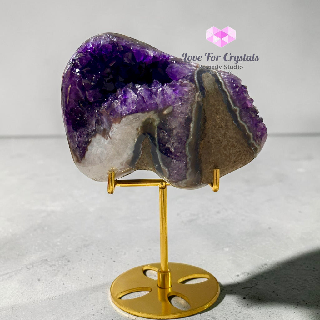 Premium Amethyst Cluster on Agate with Metal Stand (Success & Wealth) 1087g 130mm - 1087g 130mm - Amethyst