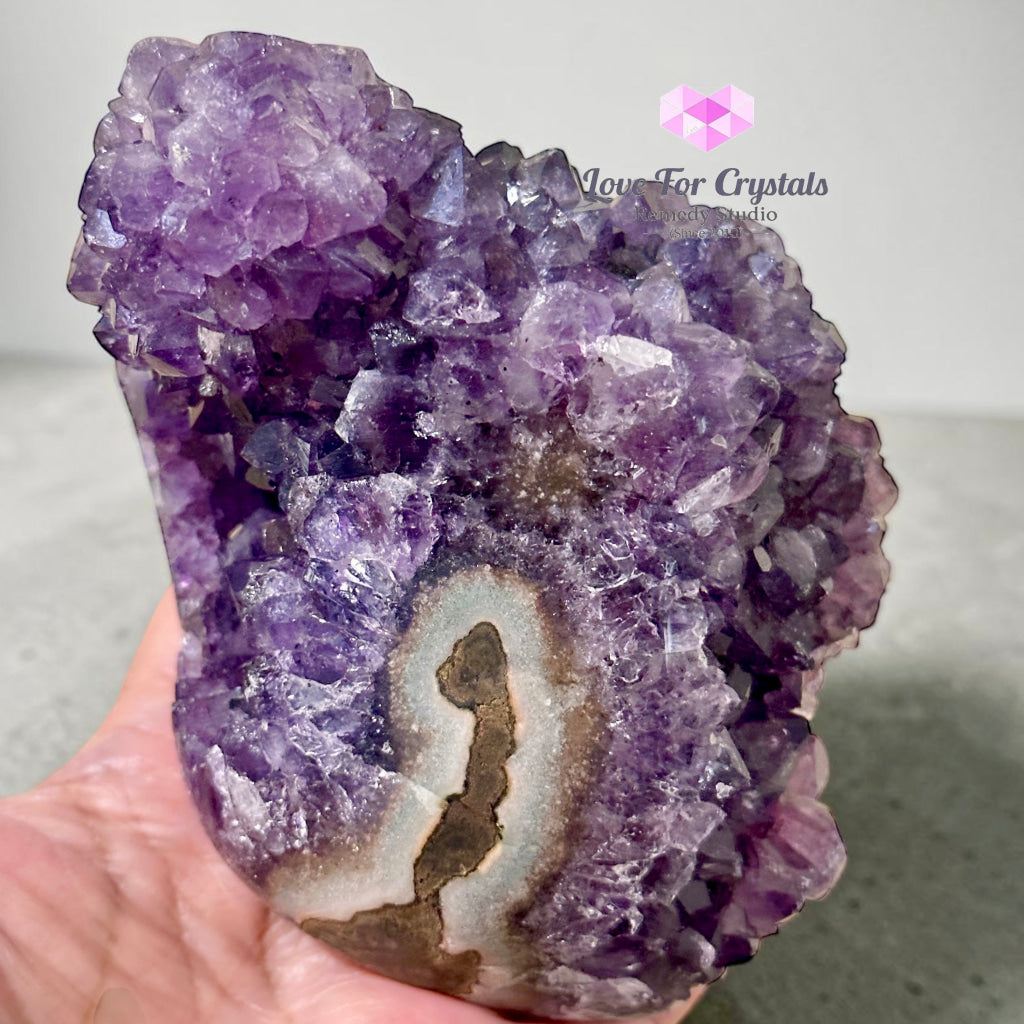 Premium Amethyst Cluster on Agate with Metal Stand (Success & Wealth) 587g 100mm - 1087g 130mm - Amethyst