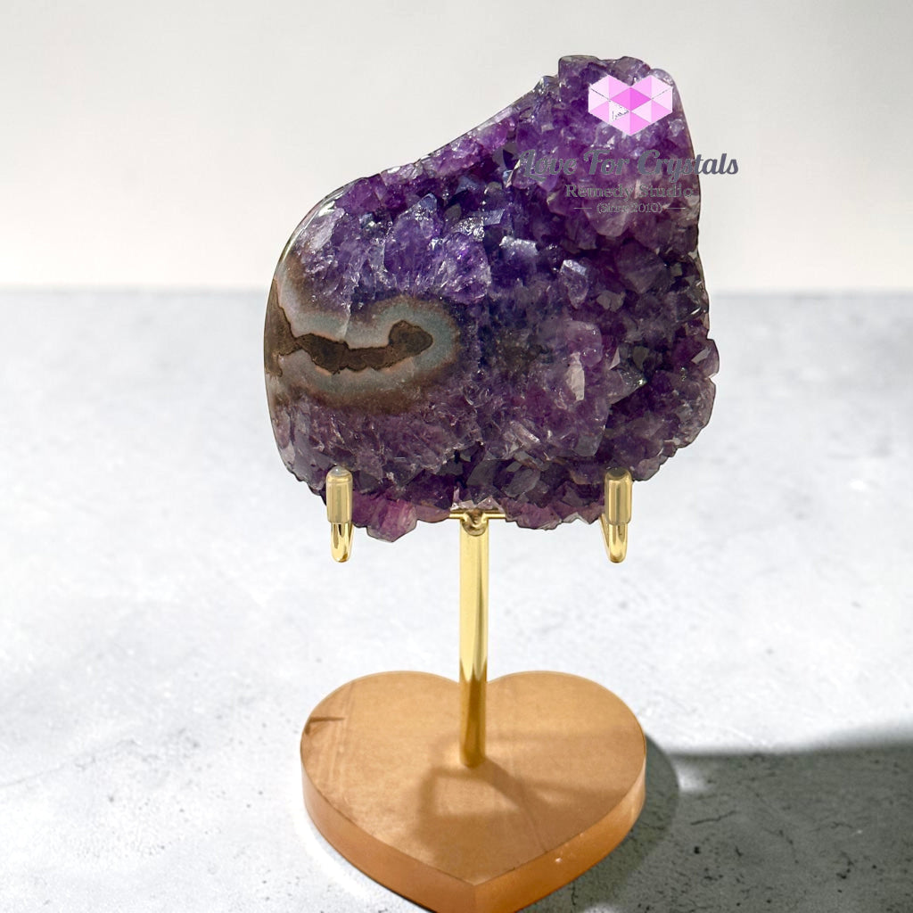 Premium Amethyst Cluster on Agate with Metal Stand (Success & Wealth) 587g 100mm - 1087g 130mm - Amethyst