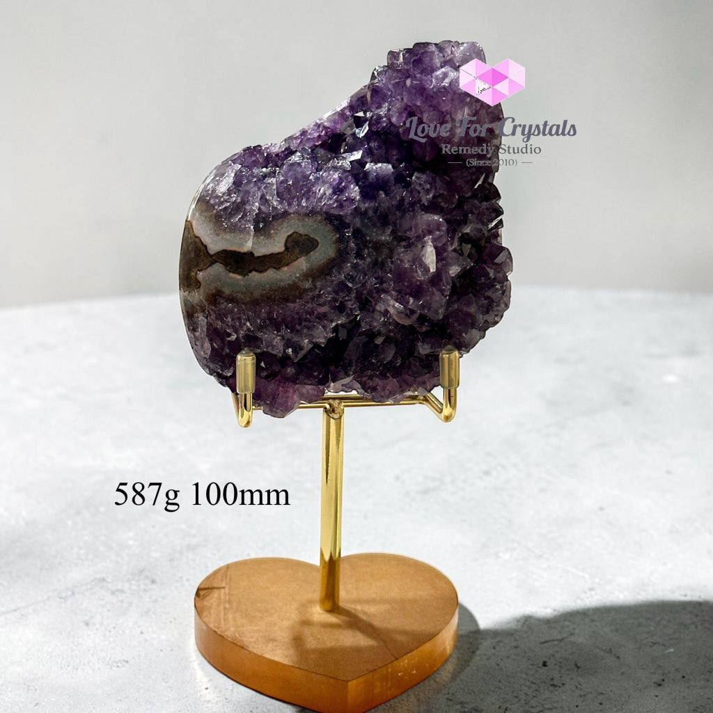 Premium Amethyst Cluster on Agate with Metal Stand (Success & Wealth) 587g 100mm - 1087g 130mm - Amethyst