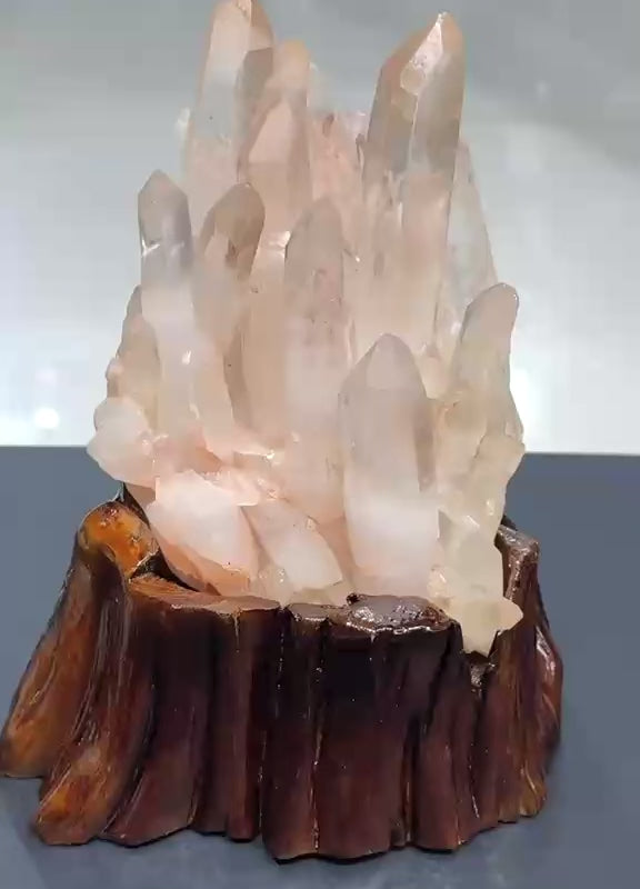 Natural Madagascar Quartz Cluster on Wooden Base AAA