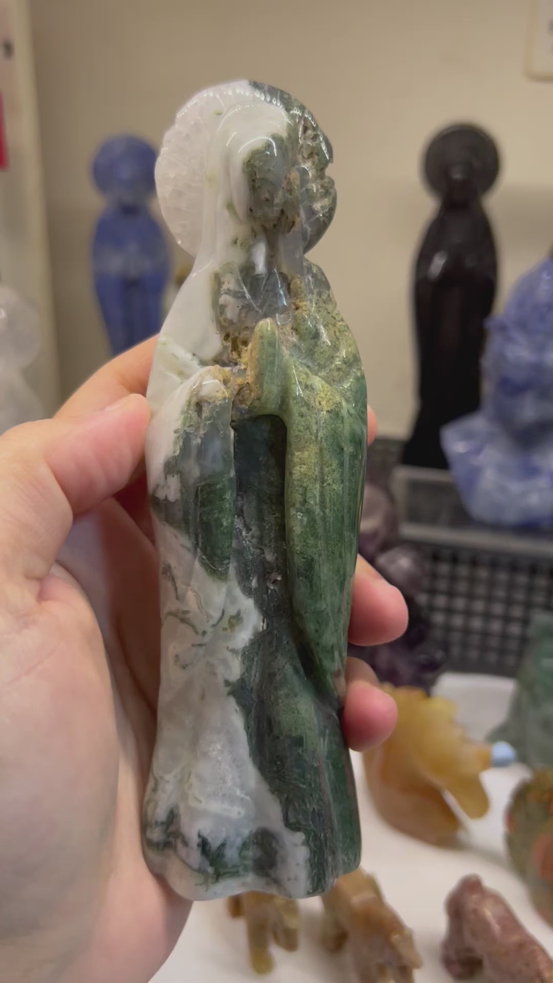 Mother Mary Carved Moss Agate Carving