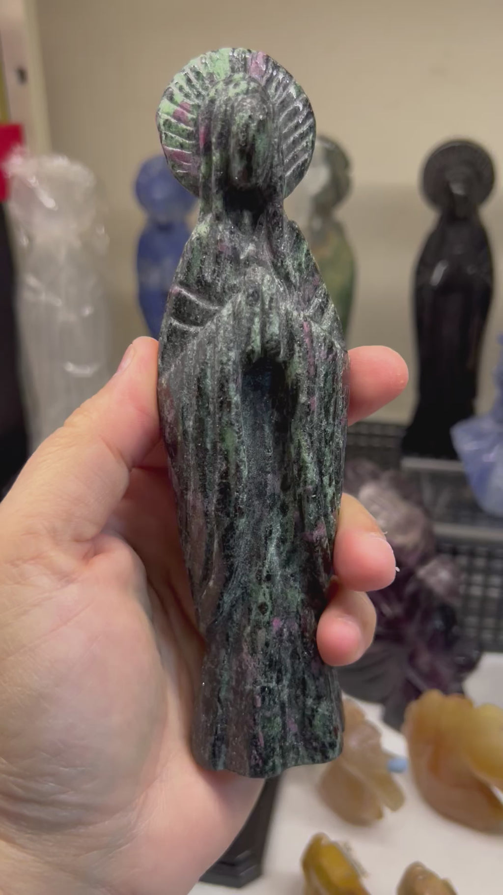 Mother Mary Carved Ruby Zoisite Statue Carving