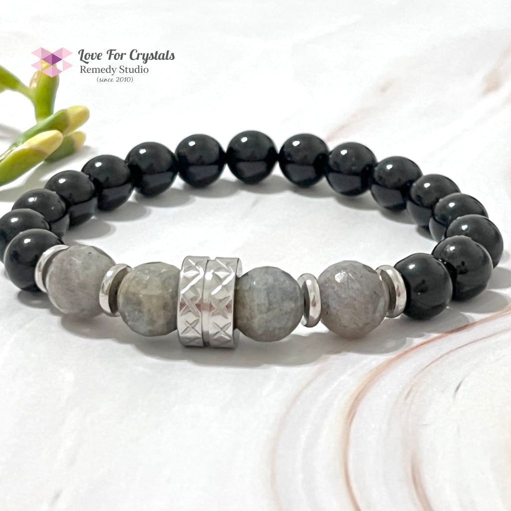 Protection Crystal Remedy Bracelet For Men (Premium Series) Black Tourmaline Labradorite Stainless