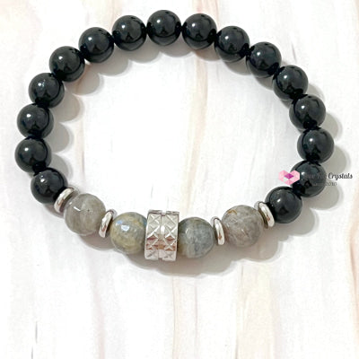 Protection Crystal Remedy Bracelet For Men (Premium Series) Black Tourmaline Labradorite Stainless
