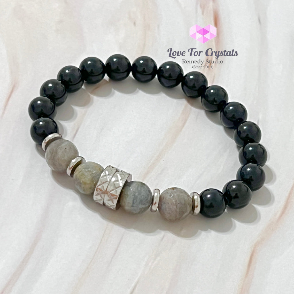 Protection Crystal Remedy Bracelet For Men (Premium Series) Black Tourmaline Labradorite Stainless