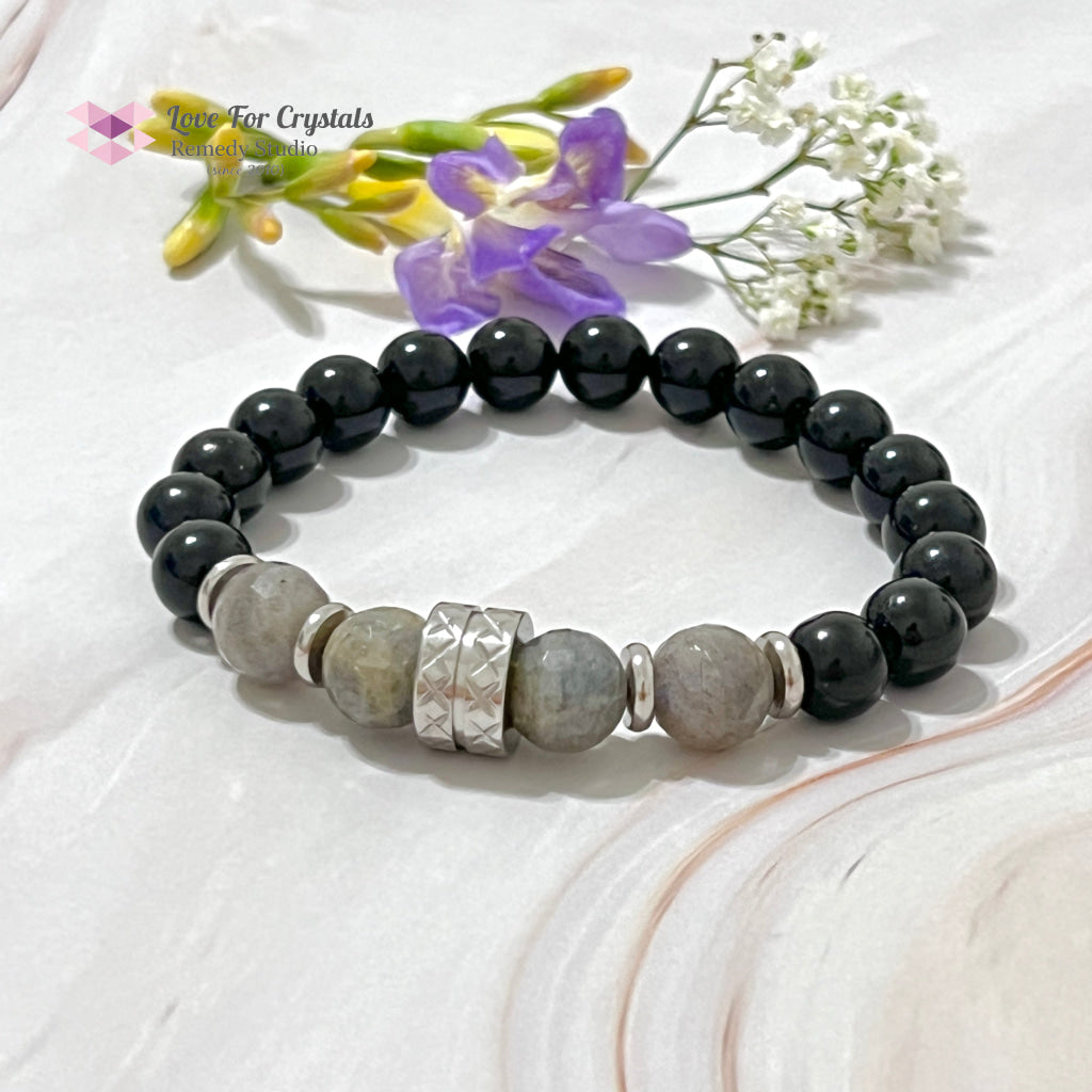 Protection Crystal Remedy Bracelet For Men (Premium Series) Black Tourmaline Labradorite Stainless