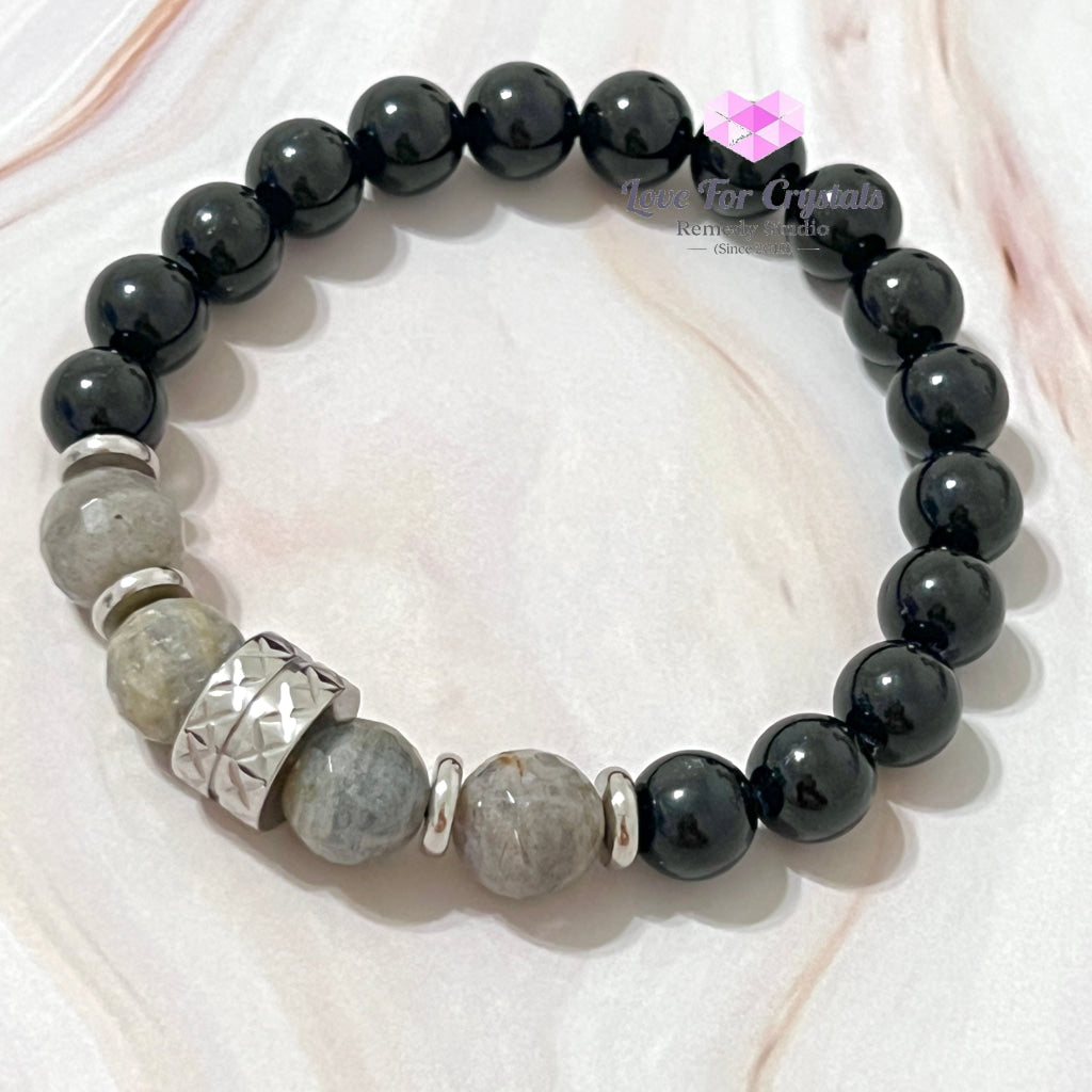 Protection Crystal Remedy Bracelet For Men (Premium Series) Black Tourmaline Labradorite Stainless