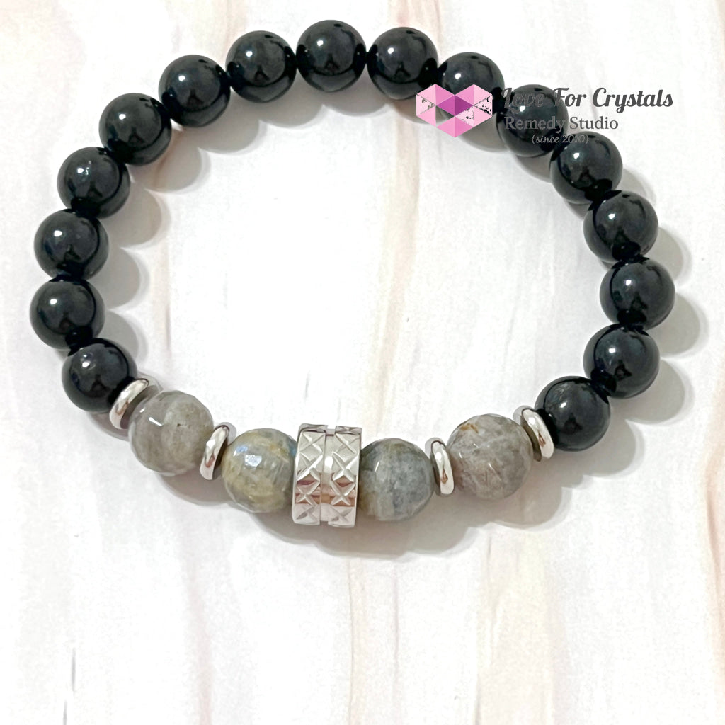 Protection Crystal Remedy Bracelet For Men (Premium Series) Black Tourmaline Labradorite Stainless