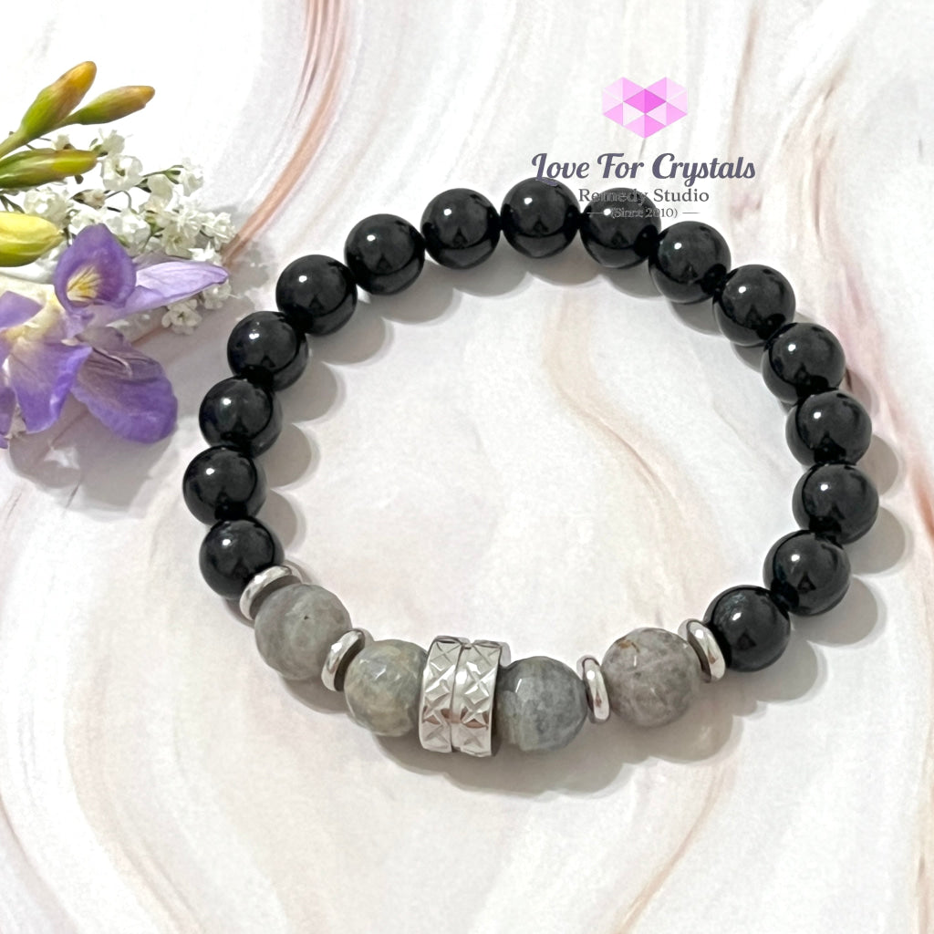 Protection Crystal Remedy Bracelet For Men (Premium Series) Black Tourmaline Labradorite Stainless