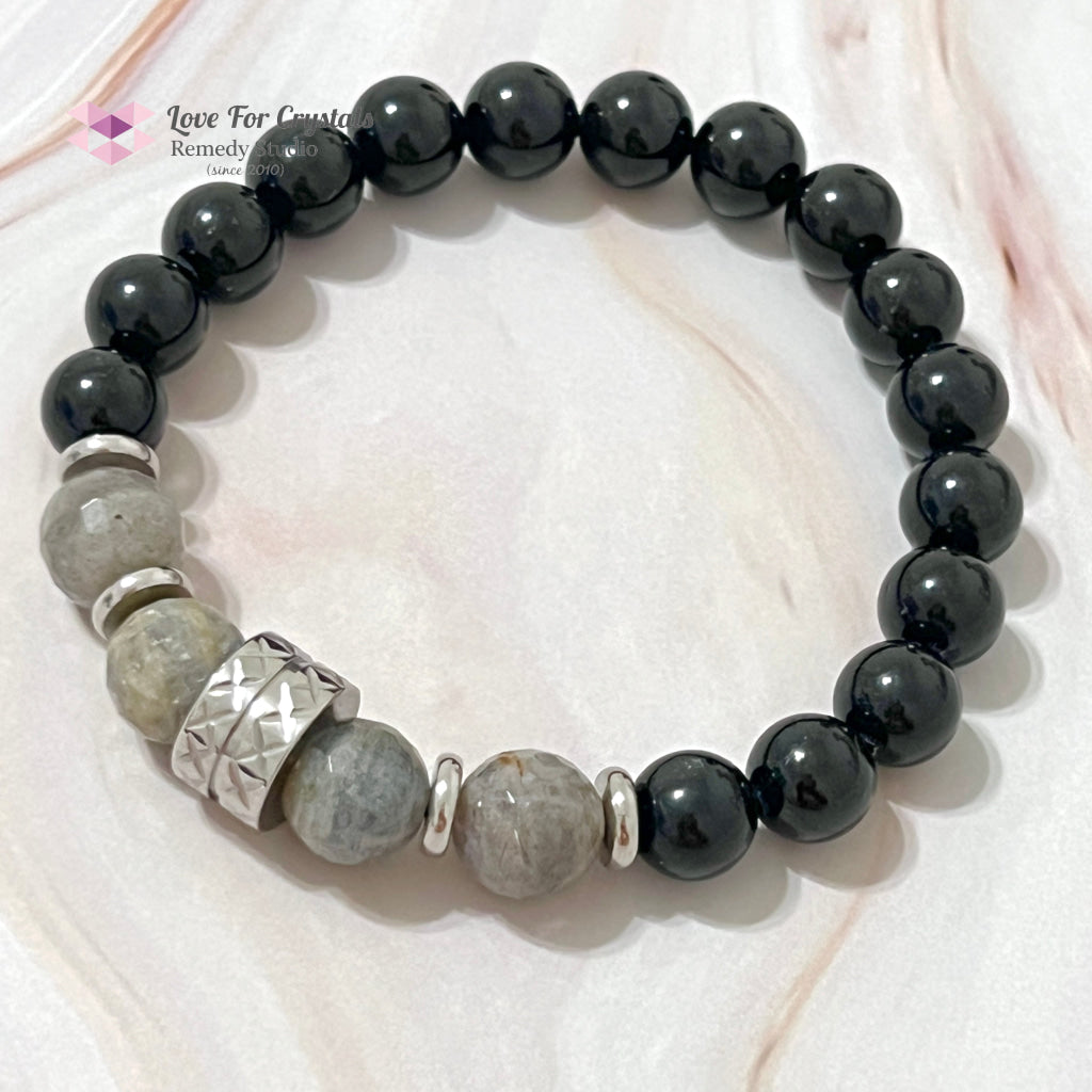 Protection Crystal Remedy Bracelet For Men (Premium Series) Black Tourmaline Labradorite Stainless