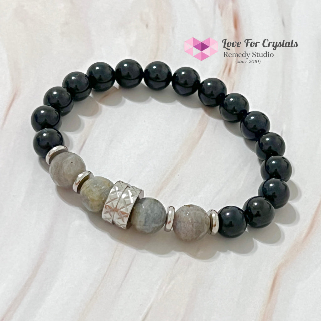 Protection Crystal Remedy Bracelet For Men (Premium Series) Black Tourmaline Labradorite Stainless