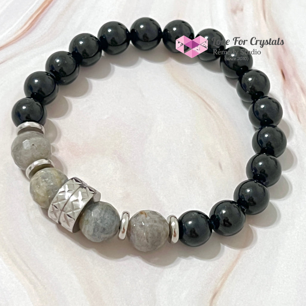 Protection Crystal Remedy Bracelet For Men (Premium Series) Black Tourmaline Labradorite Stainless